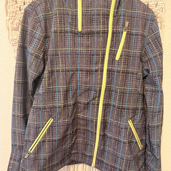 Athleta Hooded Rain Jacket Size Medium | Waterproof Blue-Green Lightweight Plaid - Picture 1 of 3
